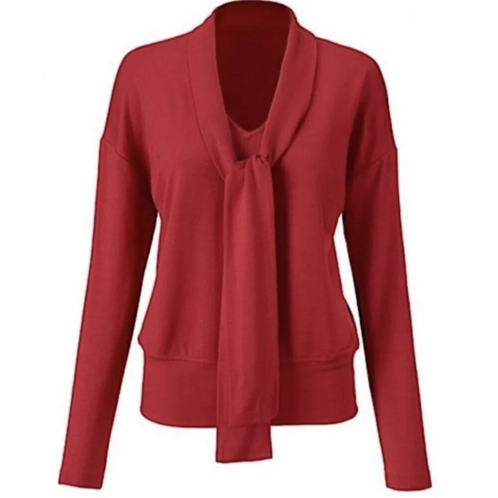 CAbi Tess Firebrick Red Tie-Neck Knit Top Size Medium (Style #3804)